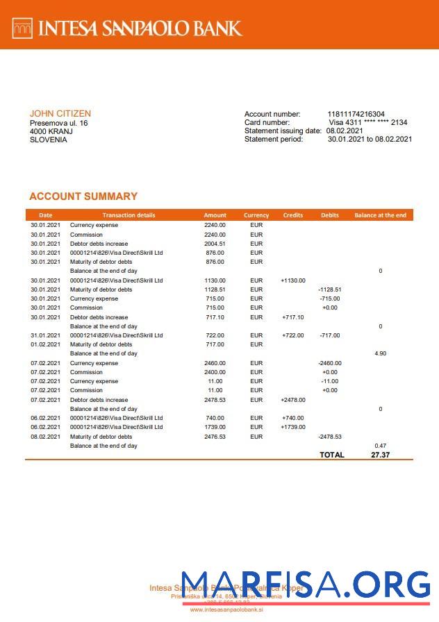 Blank Slovenia Intesa Sanpaolo Bank, Poslovalnica Koper bank statement word download for verification